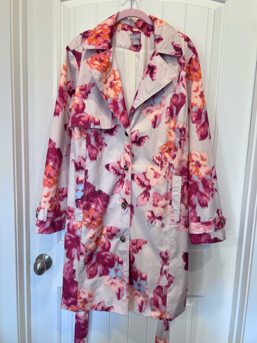 Chico's Ikat Floral Belted Removable Hood Rain Trench Coat Sz 3   16/18 - Picture 9 of 13